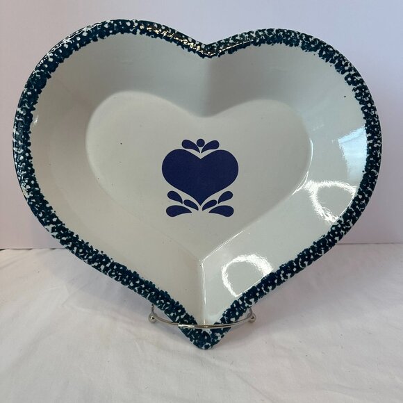 Stoneware Heart shaped Pie/Cake Baking Dish; Blue & White Glazed Ceramic Vintage - Picture 1 of 8